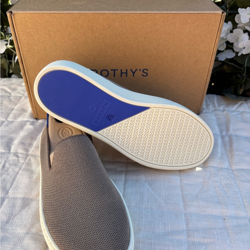 Rothy's Taupe Knit Slip-On Sneakers with Blue Heel Accent - Picture 3 of 7
